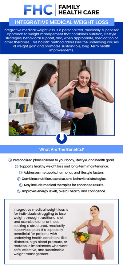 Integrative Medical Weight Loss blends conventional and holistic approaches to address the root causes of weight gain. It involves personalized plans that consider metabolism, hormones, lifestyle, and emotional health. Professional guidance ensures tailored diets, fitness routines, and stress management techniques, providing ongoing support for sustainable, long-term results. Consult Dr. Dinh Tran, MD, at Family Health Care to achieve sustainable weight management. For more information, contact us or request an appointment online. We are conveniently located at 1507 NE 150th St, Suite A, Shoreline, WA 98155.