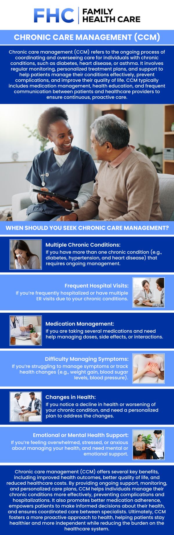 Chronic care management involves ongoing support for individuals with long-term conditions like diabetes and heart disease. It focuses on regular monitoring, medication management, and lifestyle adjustments to prevent complications and improve quality of life. At Family Health Care, Dr. Dinh Tran, MD, and his team are here to support your journey to better health through our Chronic Care Management program. For more details, contact us or request an appointment online. We are conveniently located at 1507 NE 150th St, Suite A, Shoreline, WA 98155.