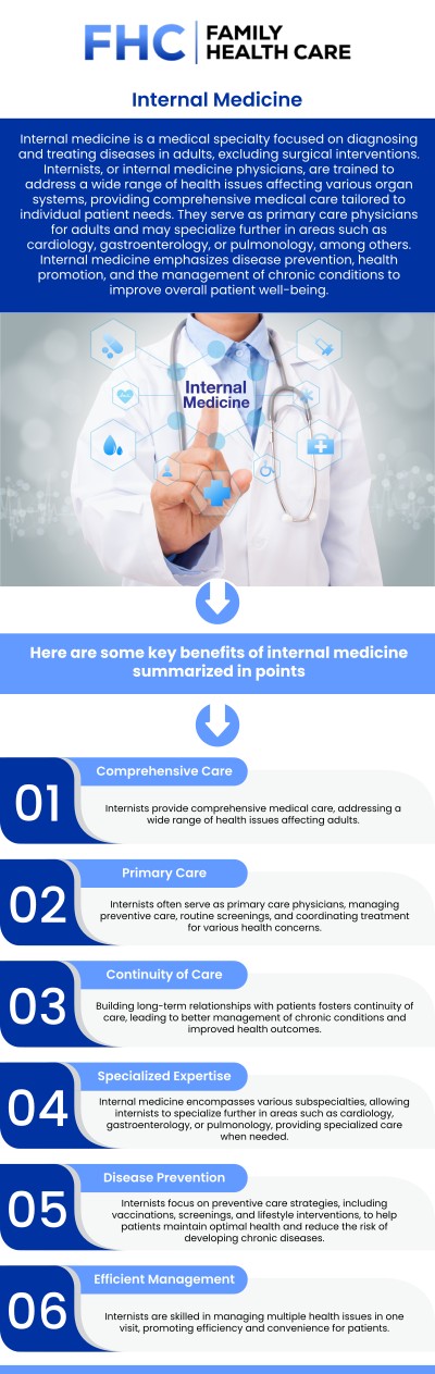Internal medicine is crucial for managing overall health, especially for adults dealing with chronic conditions and complex medical needs. Our Internal medicine specialists are trained to diagnose, treat, and prevent a wide range of health issues, from diabetes and hypertension to heart disease and respiratory conditions. At Family Health Care, Dr. Tran, MD offers comprehensive, personalized care to maintain your well-being and prevent future health problems. For more information, contact us or request an appointment online. We are conveniently located at 1507 NE 150th St, Suite A, Shoreline, WA 98155.